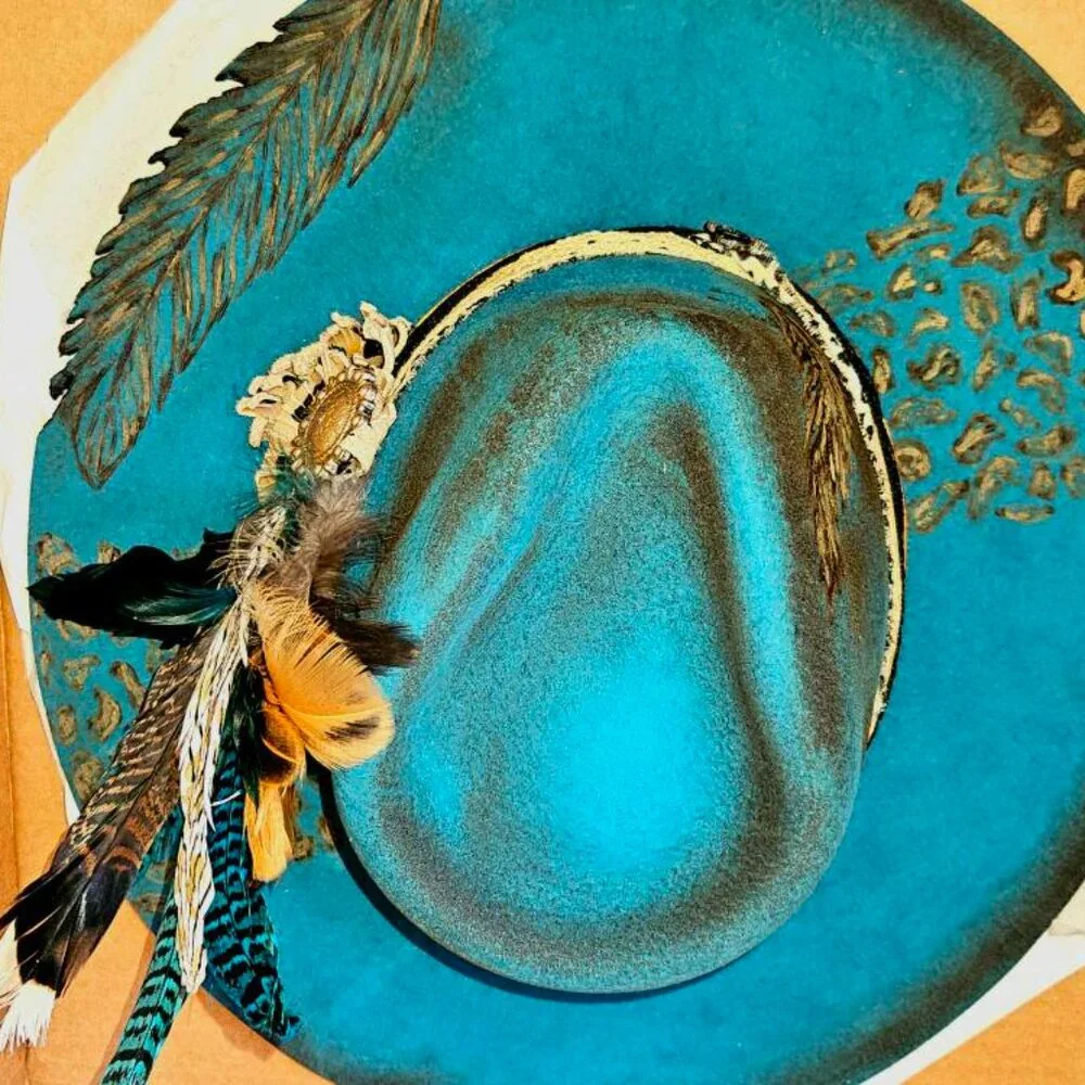 Charlie 1 Horse Turquoise HAND Burned Hat - Picture 4 of 5